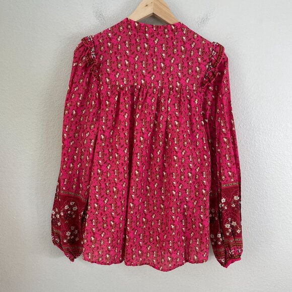 Joie Womens Large Pink Floral Ruffled Peasant Blouse Long Sleeve Shirt Top - Picture 9 of 11